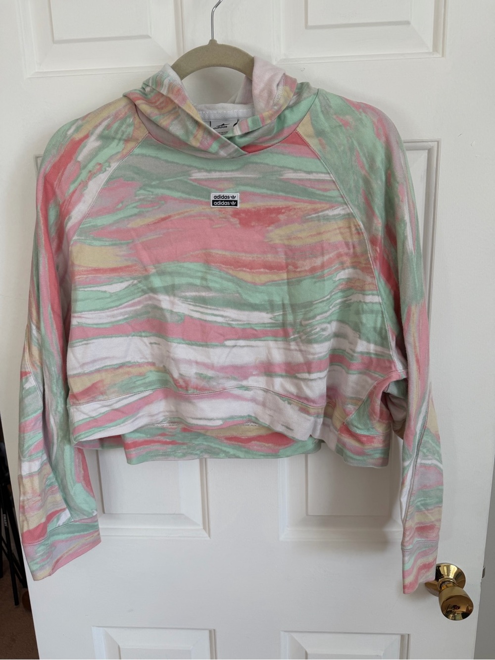 Adidas Originals Pastel Abstract Print Cropped Hoodie Pink Green M